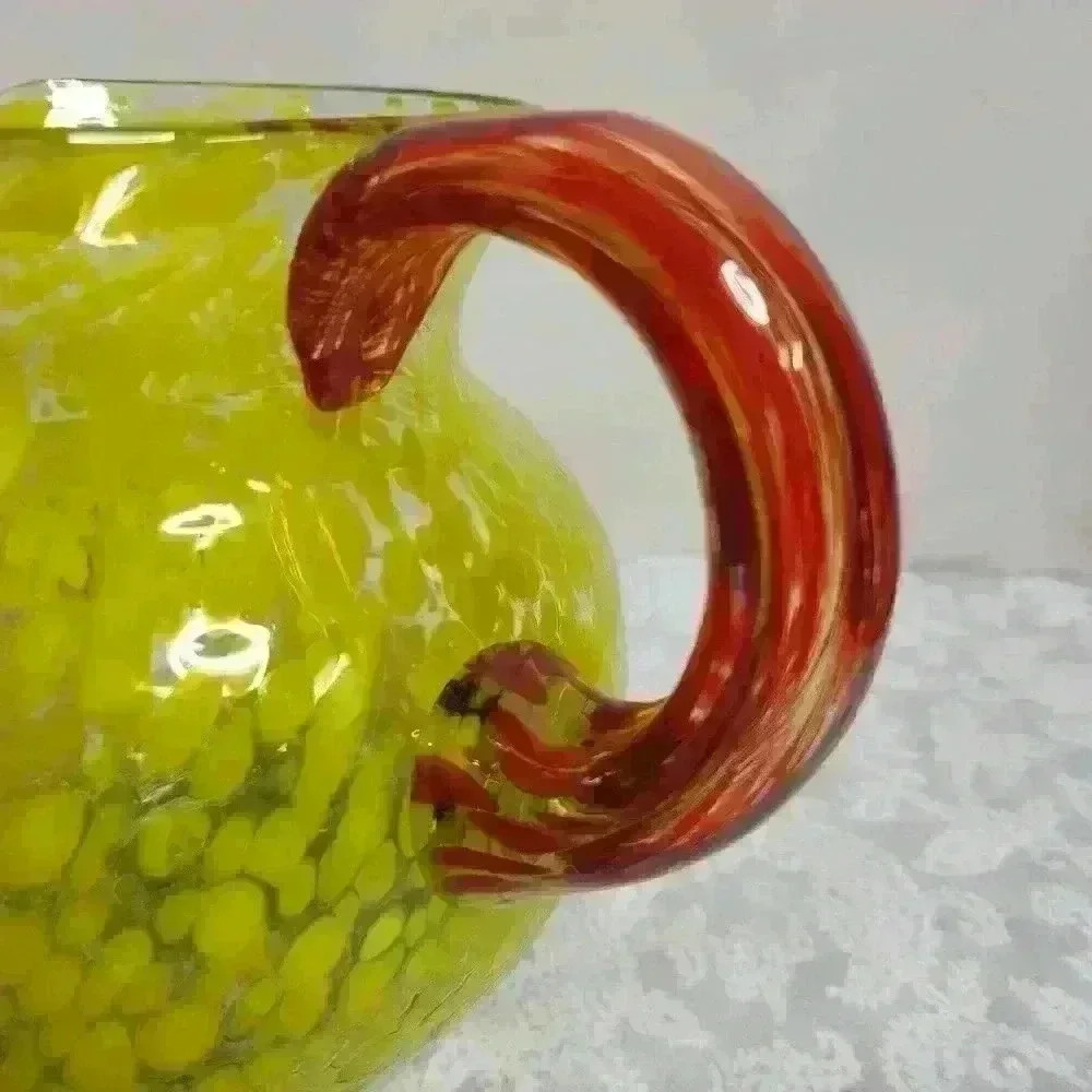 Hand-blown glass water pitcher yellow bubbles red handle. - Picture 6 of 10